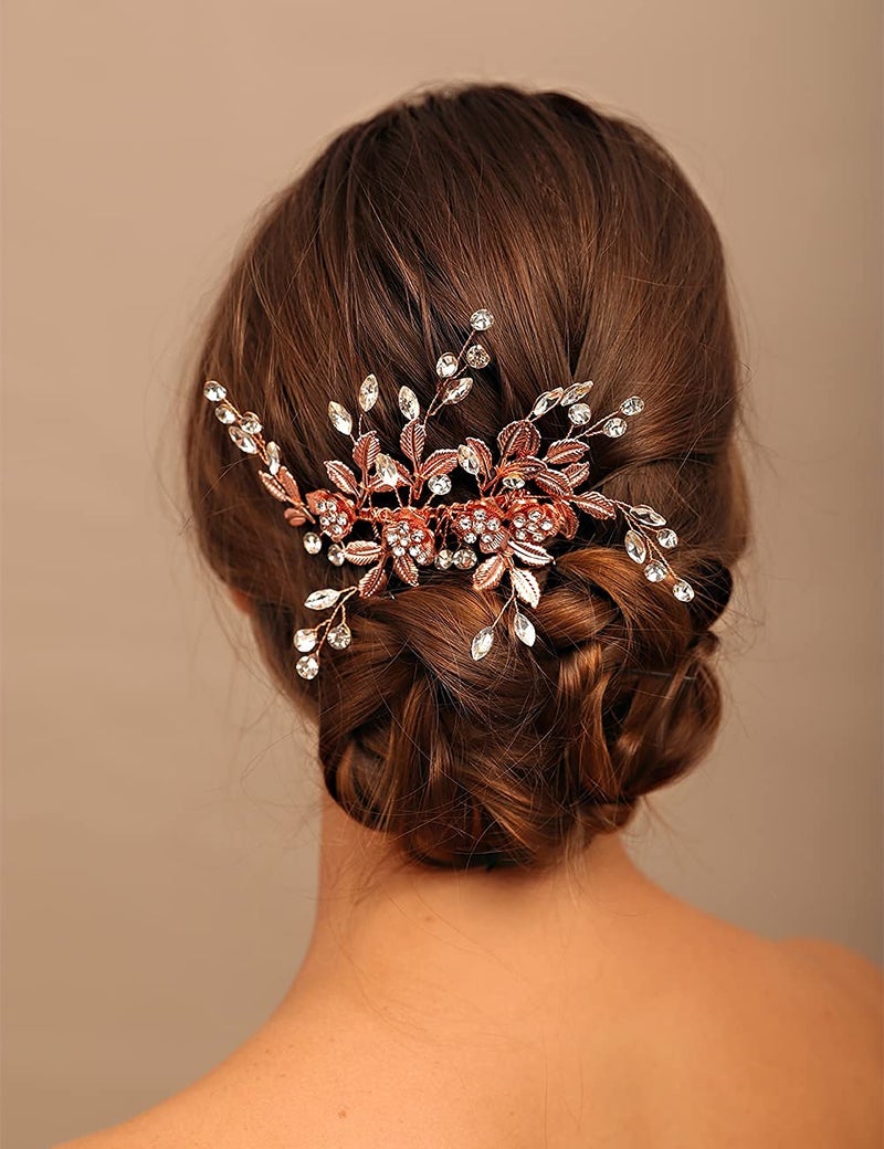 YERTTER Vintage Rhinestones Bride Wedding Hair Accessories for Brides Crystal Floral Leaves Bridal Hair Comb for Women (Rose gold) - Image 2